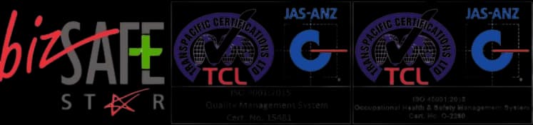 bizSAFE STAR, ISO 9001:2015 and ISO 45001:2018 certification marks