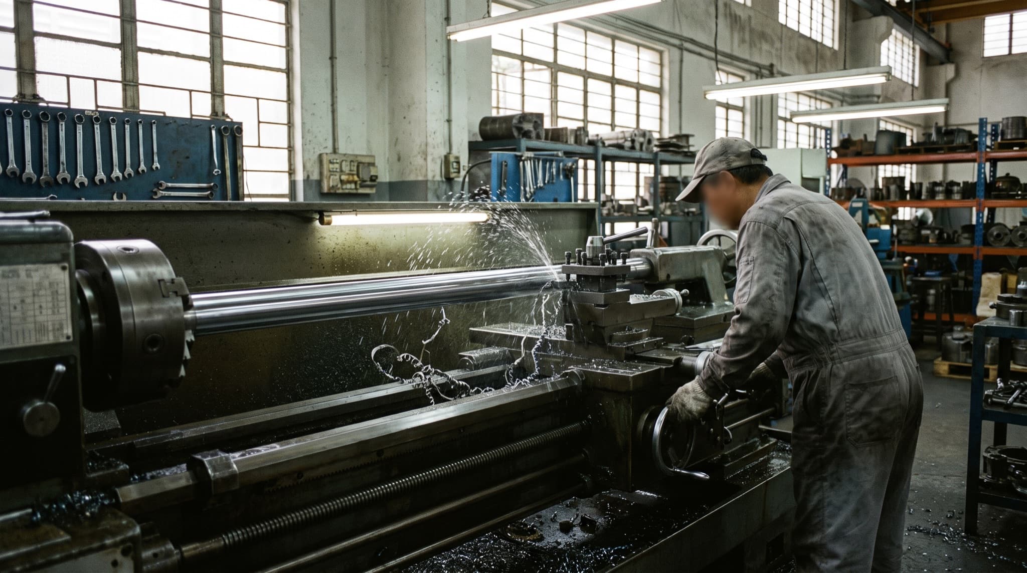 A hydraulic cylinder rod set up on the line-boring machine in the SG Asia Hydraulics workshop