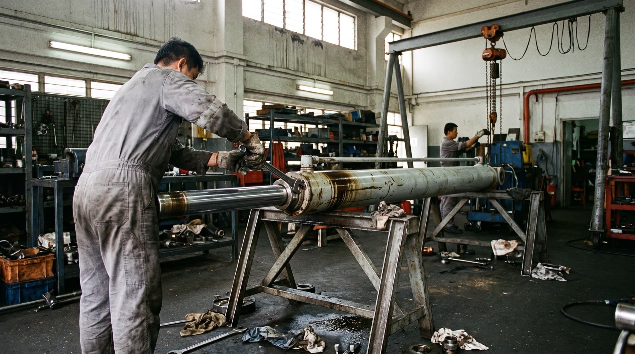Close detail of a hydraulic cylinder under repair